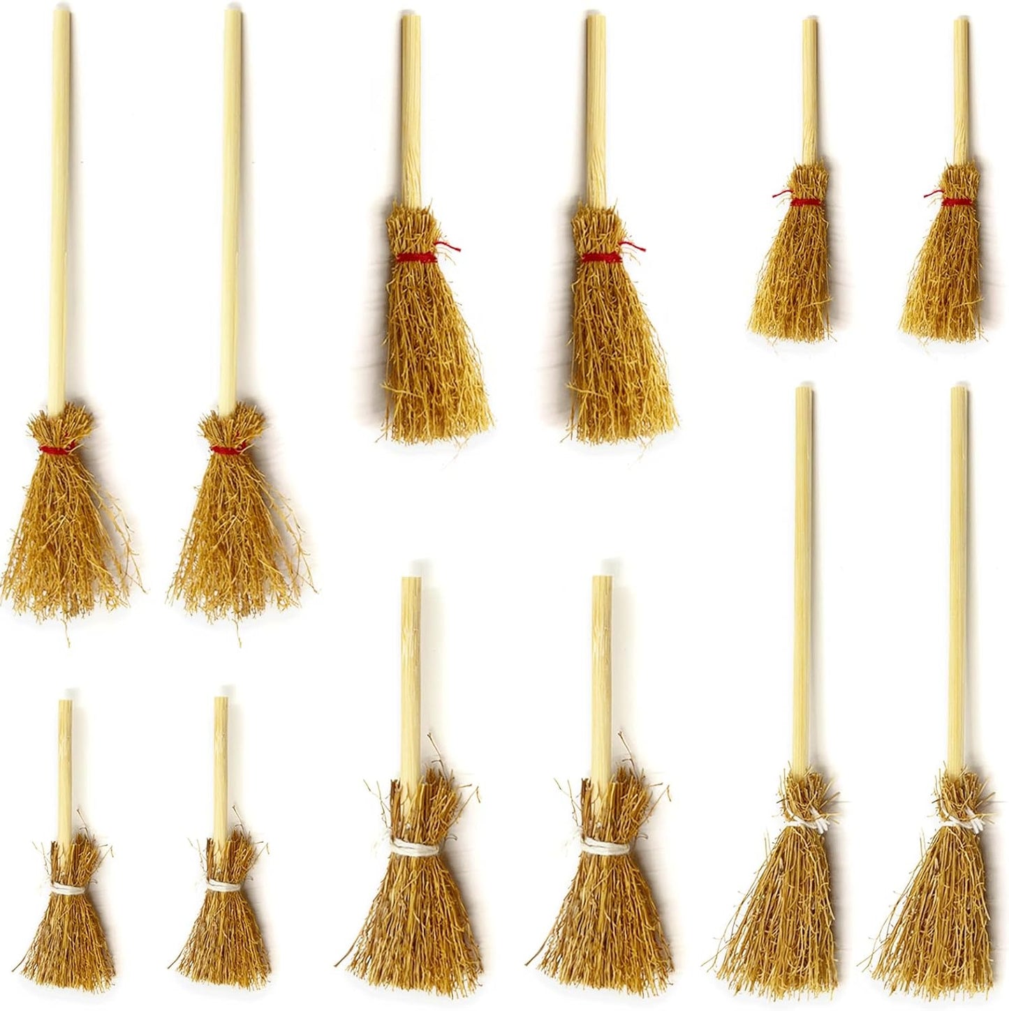 24 Pcs Mini Witch Broom Decorations, 3 Sizes Natural Straw Broom Props with Red/White Ropes, Miniature Broom Ornaments for Halloween Party Favors Cosplay Dollhouse Home Decor & DIY Crafts Supplies