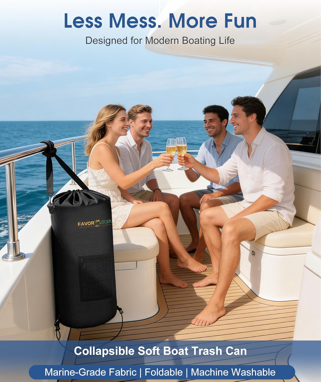 Boat Trash Can, Reusable Waterproof & Wind Resistant Hanging Garbage Container Bag for Boat, Marine, Fishing, RV & Camping Accessories (Black)