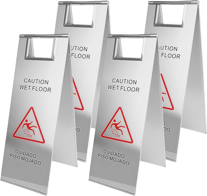 4 Pcs Stainless Steel Wet Floor Caution Sign, 24 Inch Portable Handle Bilingual by Unknown