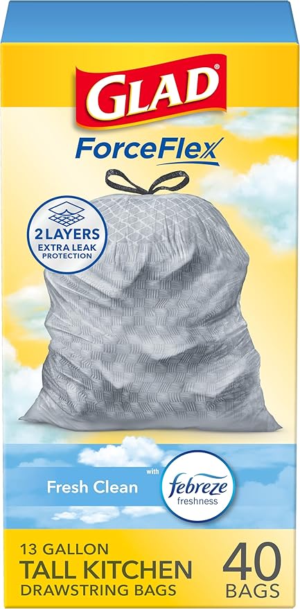 Glad ForceFlex Tall Kitchen Trash Bags, 13 Gallon, Gain Fresh Clean by GladTrashFoodStorage
