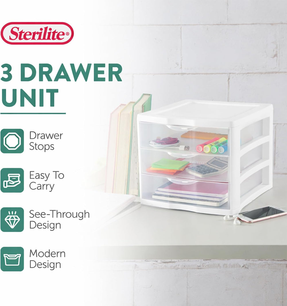 Sterilite Clearview 3-Drawer Cart Small Plastic Storage Organizer, 12-Pack