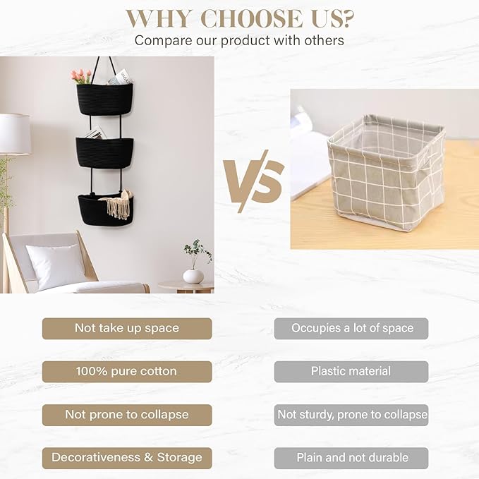 TeoKJ Over the Door Organizer, 3-Tier Woven Cotton Hanging Kitchen Baskets - Image 3