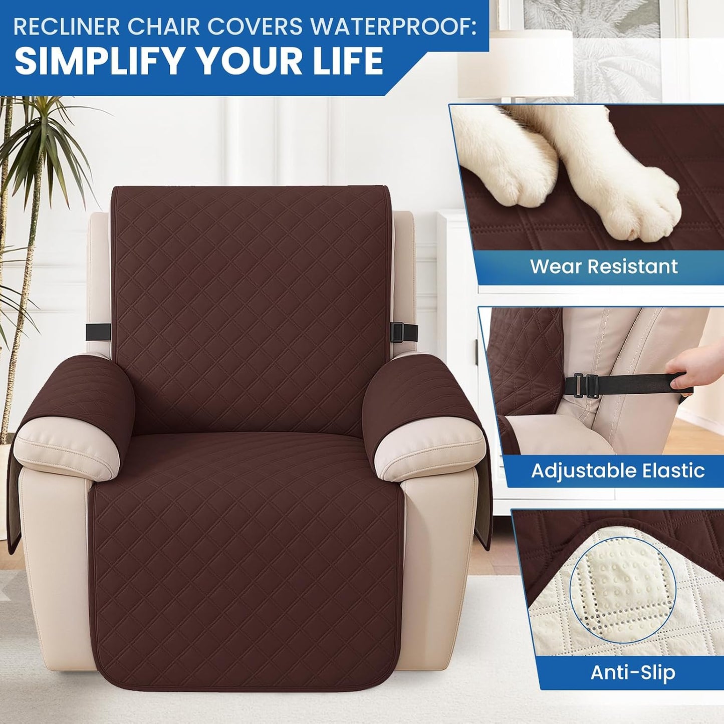 Waterproof Recliner Chair Covers, Recliner Covers that Stay in Place, Electric Recliner Cover, Recliner Covers Washable with Pocket, Elastic Straps for Kids, Pets, Dogs (Brown, 23")