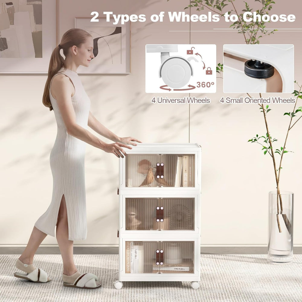 HOMGX 3 Tier Stackable Storage Bins, Collapsible Closet Organizers w/Wheels a...