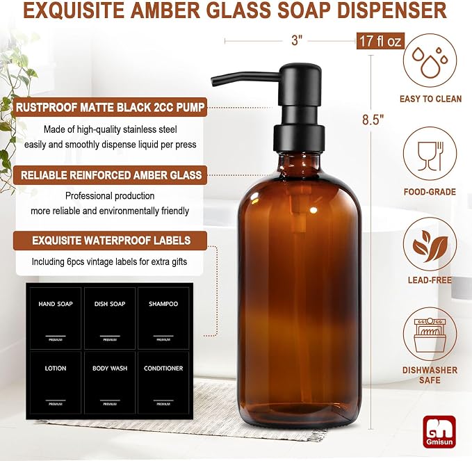 GMISUN Amber Glass Soap Dispenser, 2 Pack Bathroom Hand Soap Dispensers - Image 3
