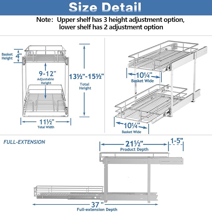 LOVMOR 2 Tier Individual Pull Out Cabinet Organizer 11½" W x 21½" D, Slide Out - Image 3