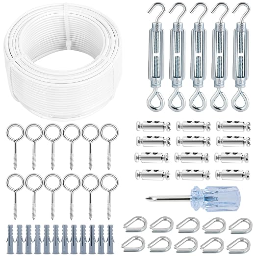 Turnbuckles for Cables Wire, 1/8" X 100Ft White PVC Coated Wire Rope Kit by hannger