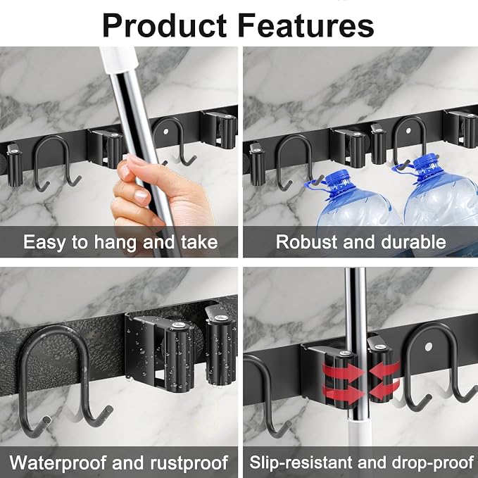 Broom Holder Wall Mount, 2 Packs Black Stainless Steel Tool Storage Organizer - Image 3