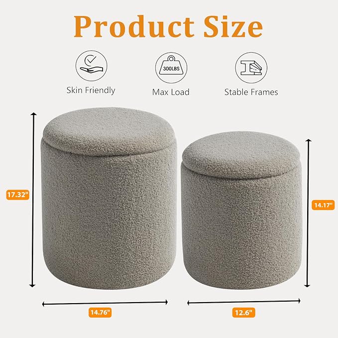Round Ottoman with Storage Set of 2-Upholstered Sherpa Vanity Stool - Image 3