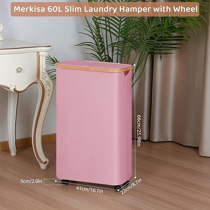 60L Slim Laundry Basket with Wheels, Narrow Hampers - Image 2