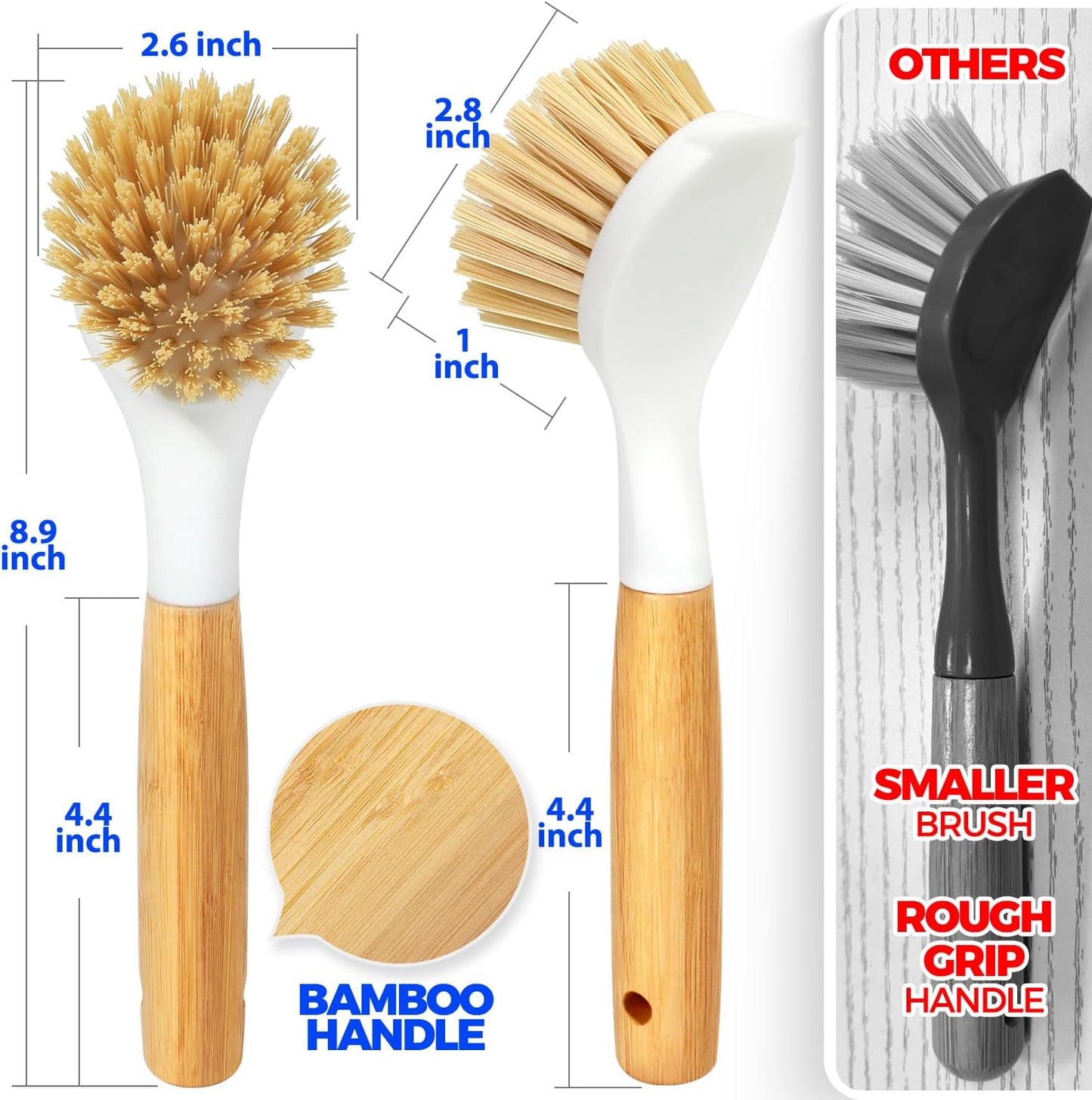 Holikme 3 Pack Dish Brush Set with Bamboo Handle, Kitchen Brushes for Cleaning Pot, Sink and Stove, Skillet Scrubber with Tough Bristles for Cast Iron Grill Pan, White Yellow Black