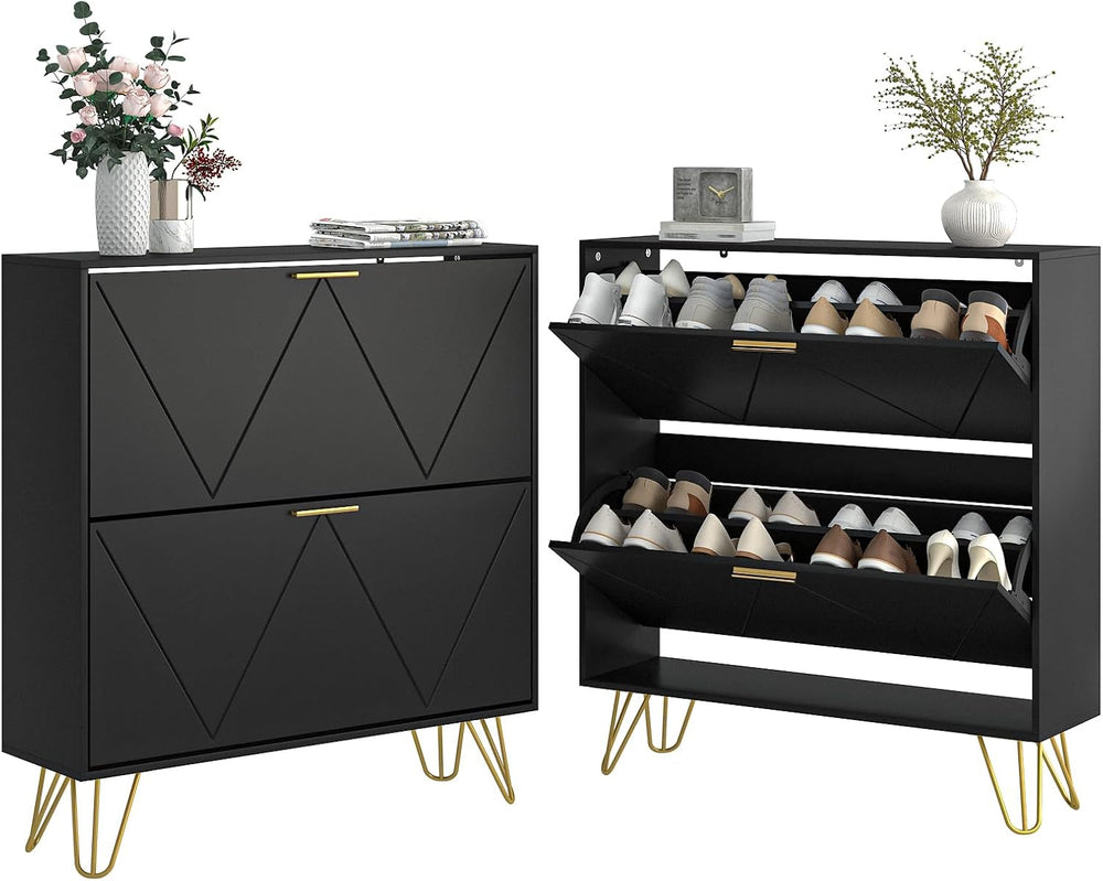 LYNSOM Entryway Shoe Cabinet with 2 Flip Drawers and Fluted Panel, Blcak丨Slim...