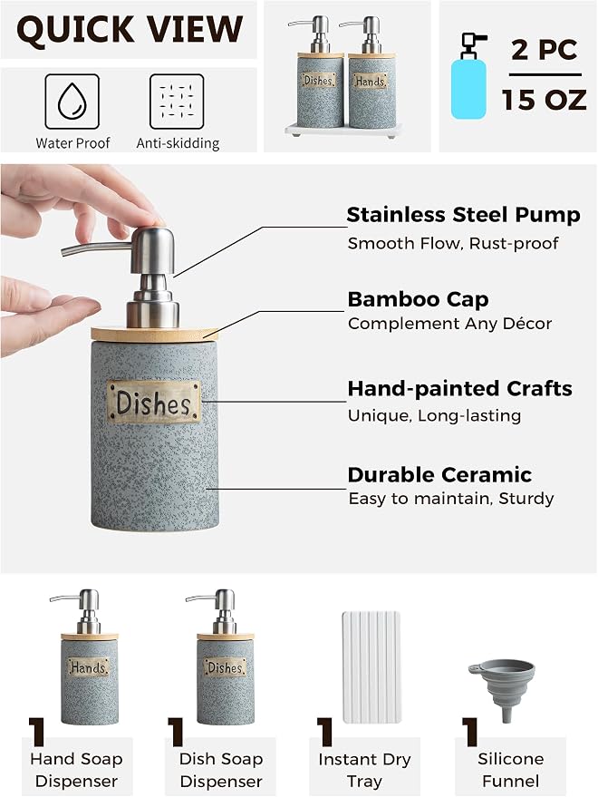 Hand and Dish Soap Dispenser Set, Ceramic Kitchen Soap Dispenser - Image 2