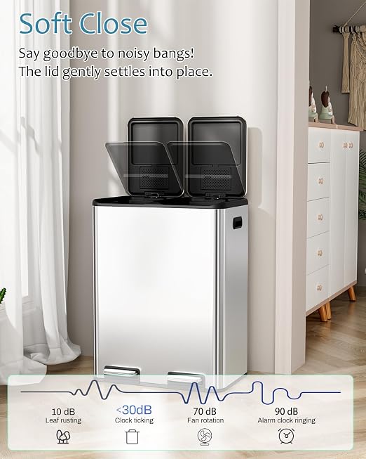 16 Gal Dual Trash Can, Stainless Steel Kitchen Garbage Bin, Recycle Dustbin - Image 3