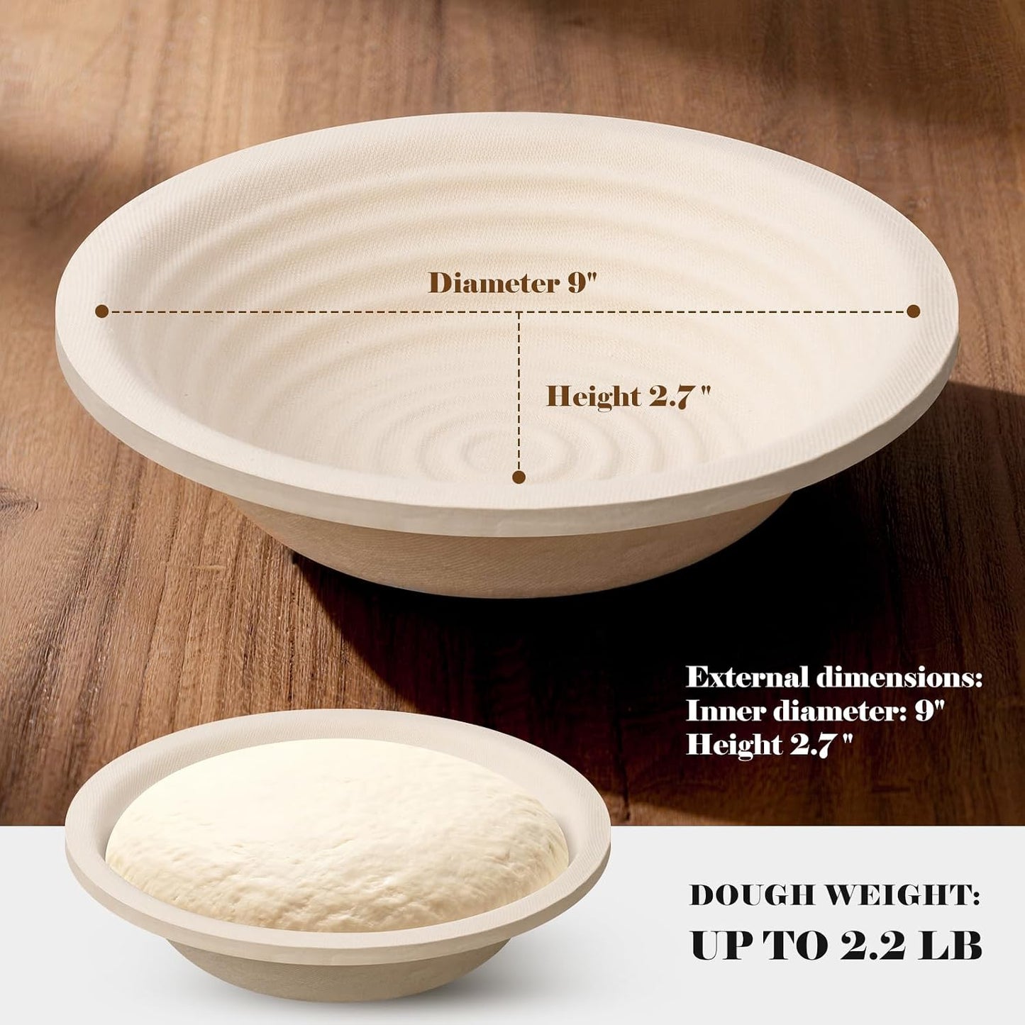 Non-Stick Wood Pulp Banneton Bread Proofing Basket Set With Aliquot Jar, 9" Round & 10'' Oval Sourdough Banneton Basket Kit, Bread Making Tool Sourdough Starter Kit with Proofing Bowl