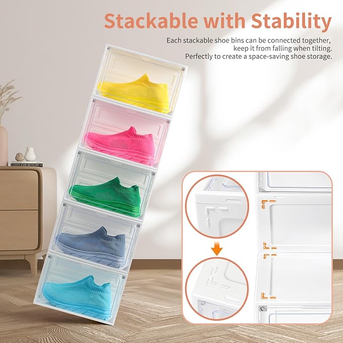 12 Pack White Shoe Boxes Stackable, Large Shoe Storage Organizer - Image 3