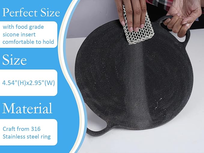 Herda Chain Mail Cast Iron Cleaner Scrubber, 316 Chainmail Pan Scrubber Metal - Image 3