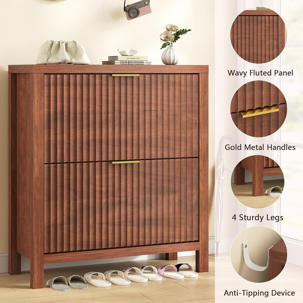 Fluted Shoe Cabinet Storage with 2 Flip Drawers for Entryway, Hallway