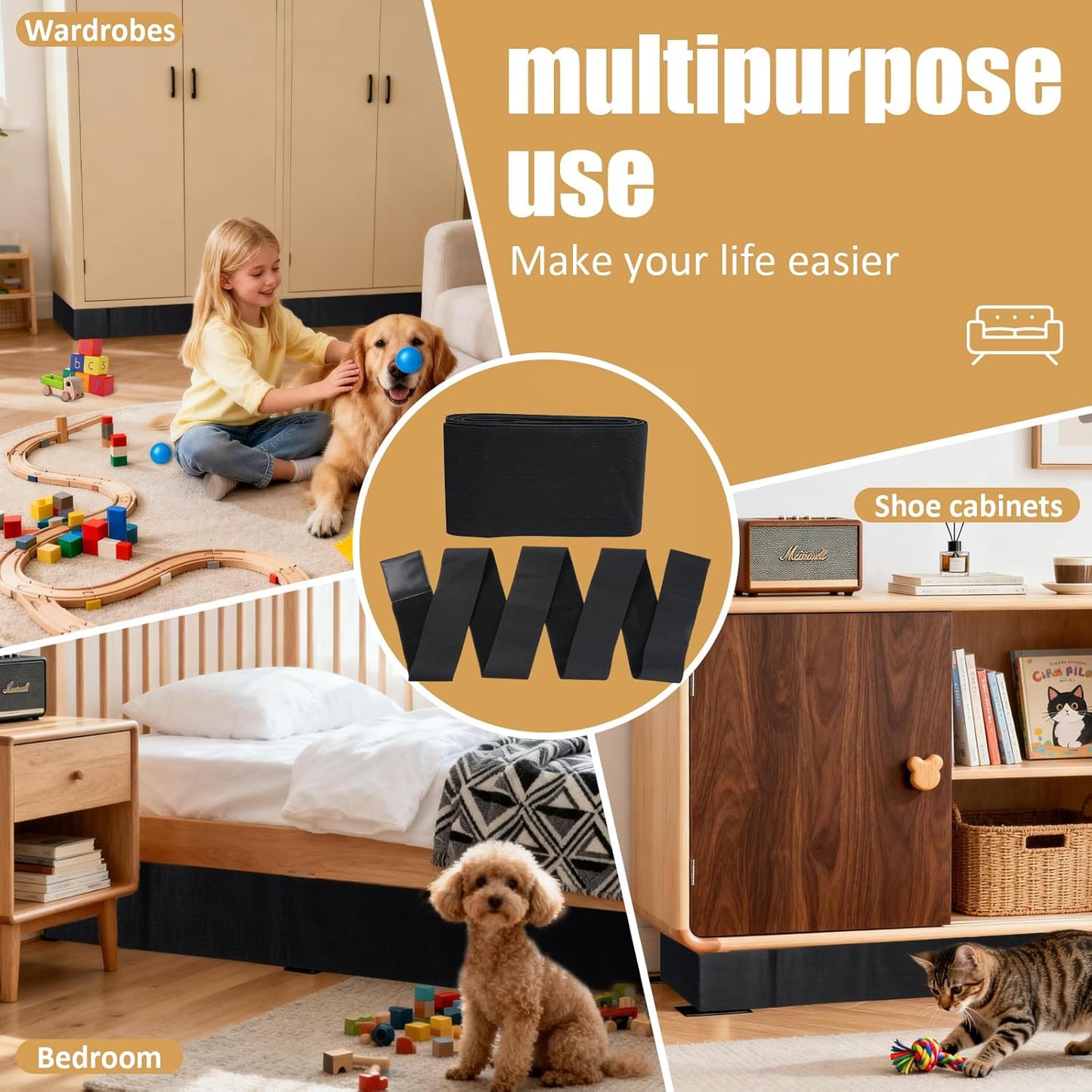 Under Couch Blocker Adjustable Elastic Couch Bed Blockers Suitable for Right-Angle Furniture Legs, for Pets and Kids Toys to Prevent Things from Going Under Sofa (5''×132'')