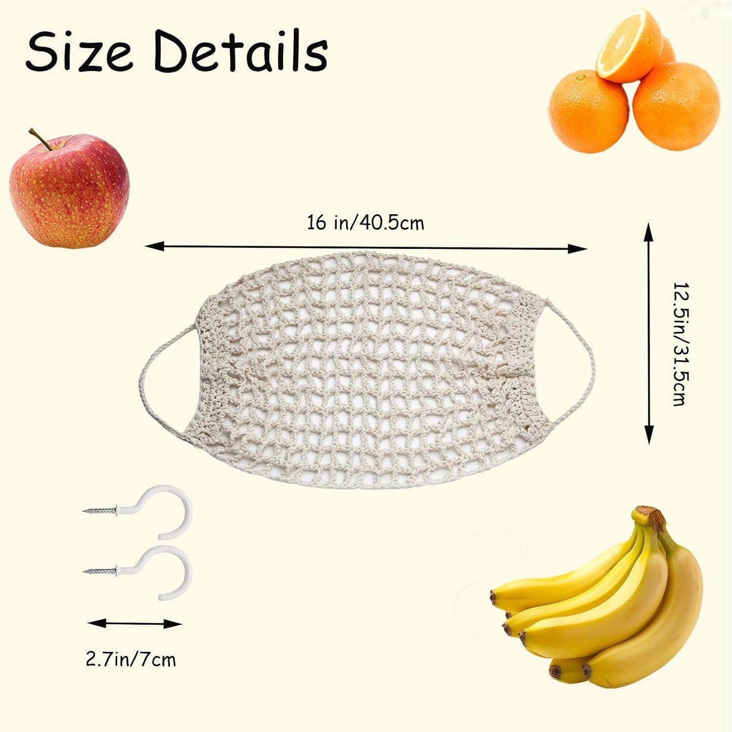 2 Pack Macrame Woven Hanging Fruit Hammock, 13×16in Beige Net | Premium Cotton Fruit Basket with 8 Hooks Under Cabinet Hanging Storage Net for Fruit Veggie Kitchen Home Boat RV