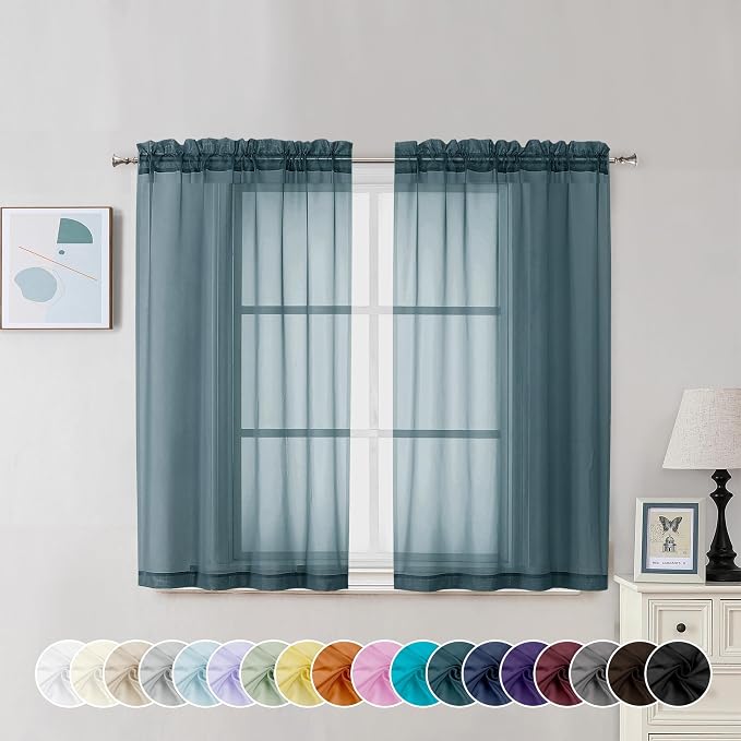 Chyhomenyc Stone Blue Sheer Curtains 45 Inch Long 2 Panels, Light Filtering Rod by Chyhomenyc