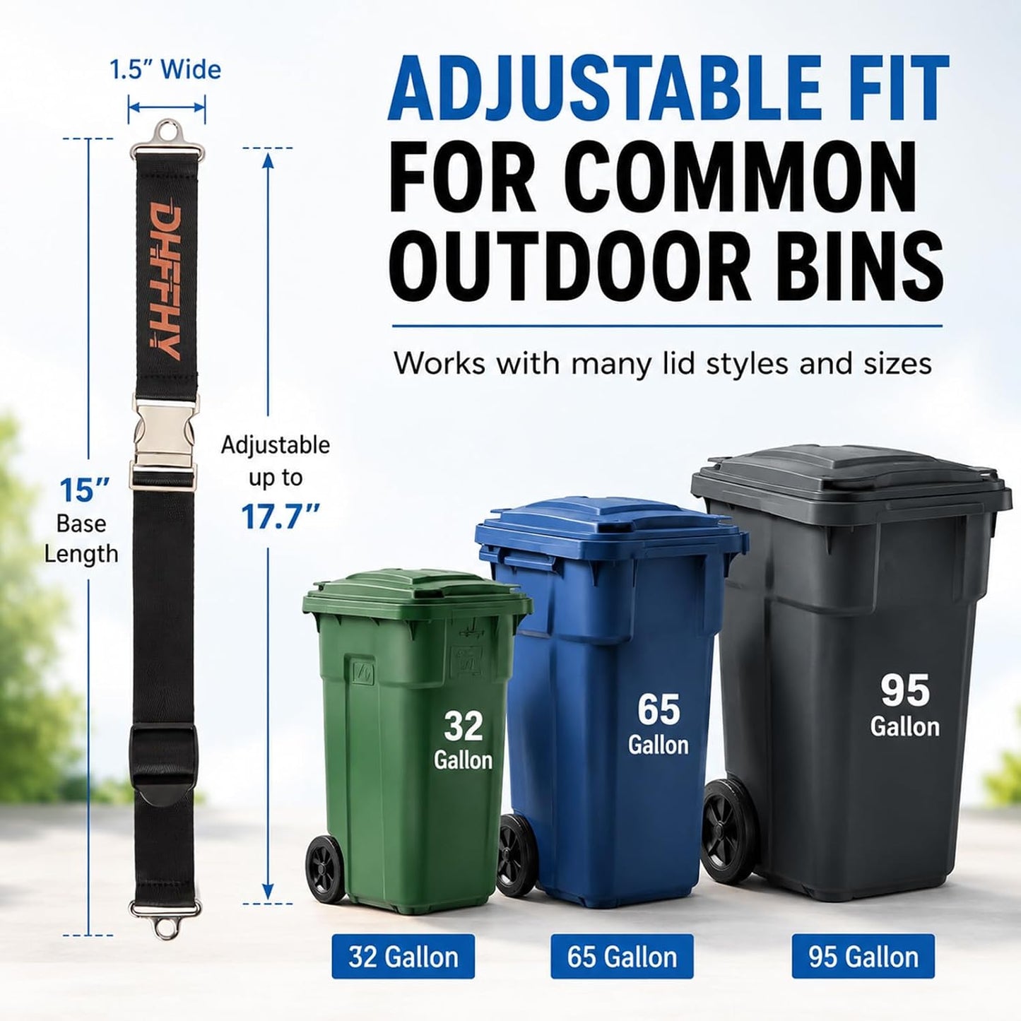 2PCS Heavy-Duty Bear Proof Trash Can Locks - Animal-Proof Lid Straps with Secure Buckle for 28-96 Gallon Outdoor Bins, Anti-Raccoon & Wildlife
