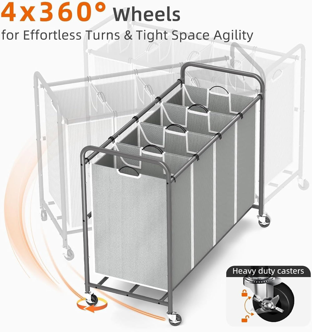 ROMOON Laundry Hamper Sorter Cart, 4-Section Organizer with Lockable Wheels