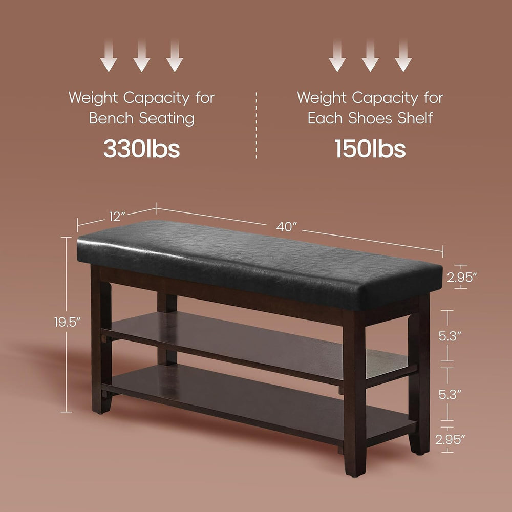 40" Shoe Bench with Leather Cushion, Upholstered Entryway Bench, Black
