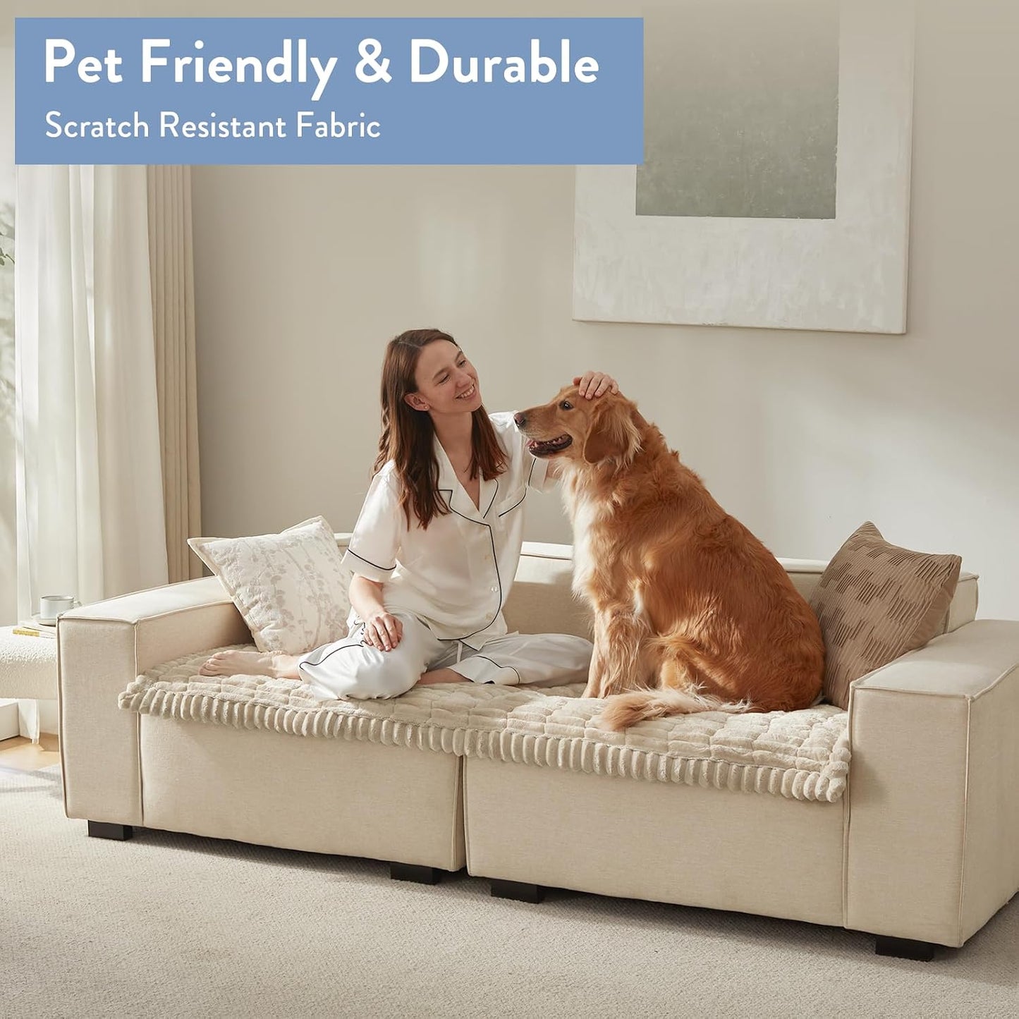 SureFit Couch Covers for Dogs,Washable Couch Protector for 3-Cushion Sofa,Non-Slip Paw Print Grip,Soft Skin-Friendly Furniture Cover for Pets,Thick and Cozy Slipcover for Sofa Cushions(28”x71“ Khaki)