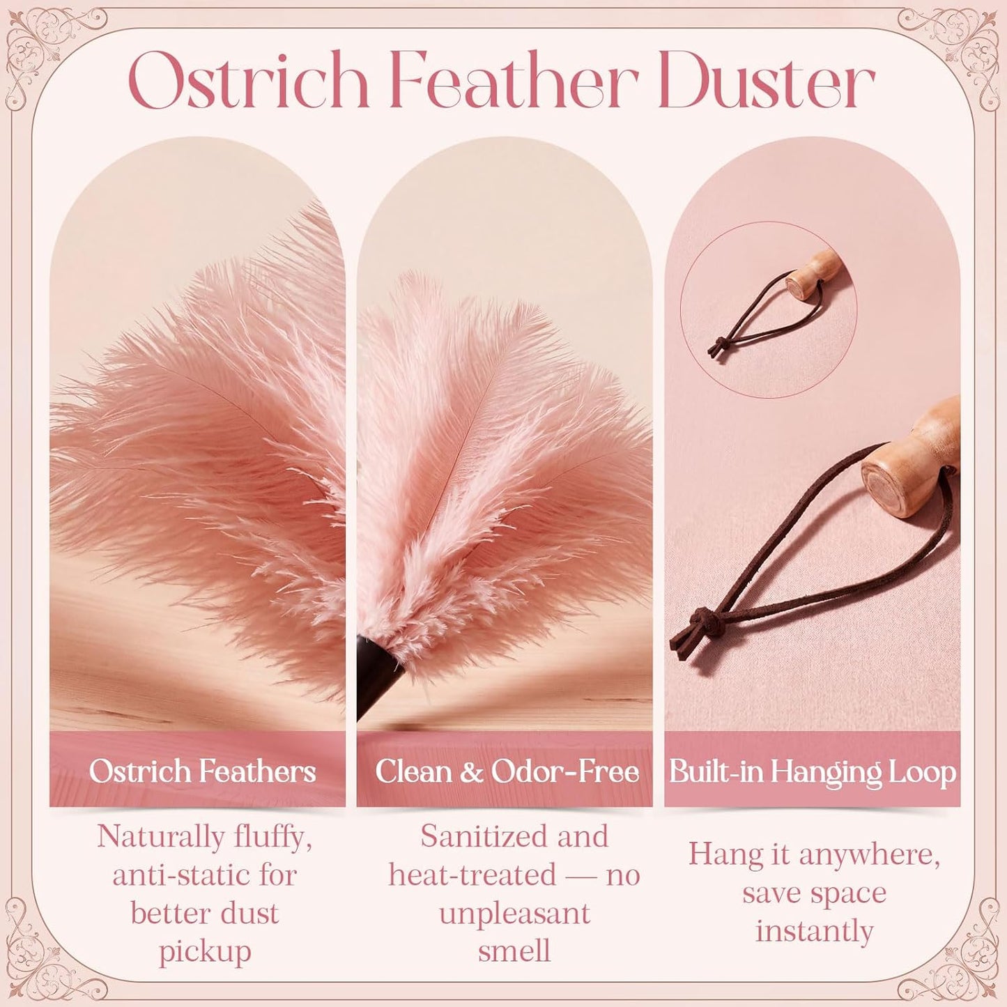 Hushee 2 Pcs 13.3" Pink Ostrich Feather Duster for Cleaning with Solid Wooden Handle Natural Feather Hang Strap Reusable Household Duster for Cleaning Supplies, Ceiling Fan, Crafts, Blinds, Furniture