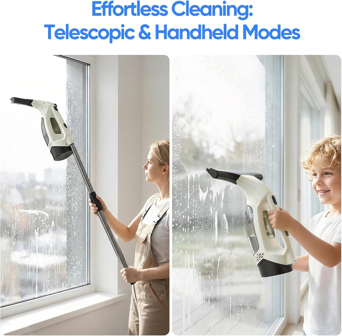 Cordless Window Vacuum Cleaner, Electric Squeegee with 2000Pa Suction, 30-40 in. Adjustable Extension Pole, 11 in. Blade for High Windows, Shower Doors, Mirrors, Tiles & Car Glass