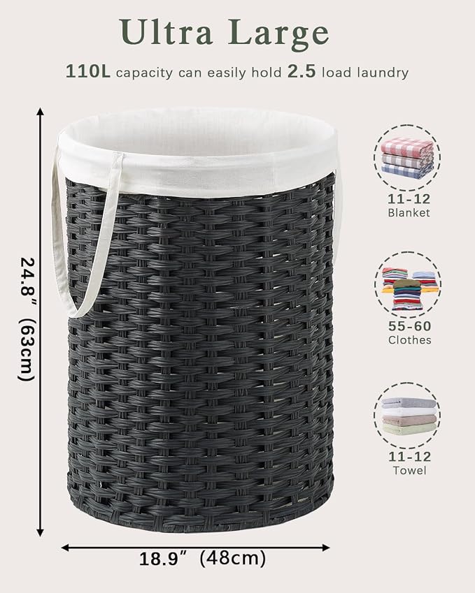 Laundry Basket Round Rattan Laundry Hamper 29.1 Gal Handwoven Large Wicker - Image 5