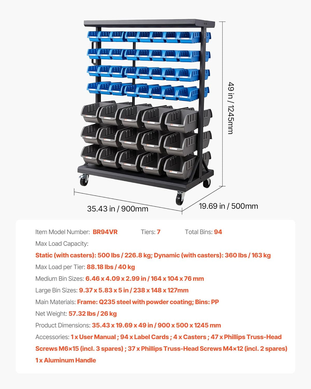 VEVOR 7-Tier Double-Sided Rolling Bin Storage Rack, 94 Plastic Bins, Dual-Sid...