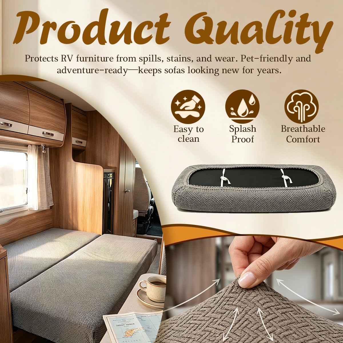 2 Piece RV Couch Covers for Jackknife Sofa Bed,Strap On RV Jackknife Sofa Cover,Anti Slip RV Couch Cover for RV Cushion Covers(Khaki)