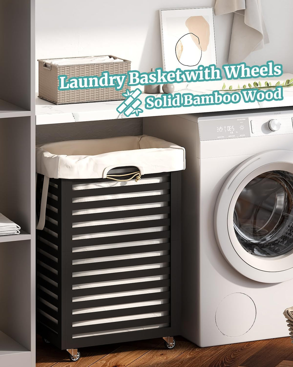 Laundry Basket with Wheels, Rolling Laundry Hamper, Bamboo Wood Laundry Cart ...