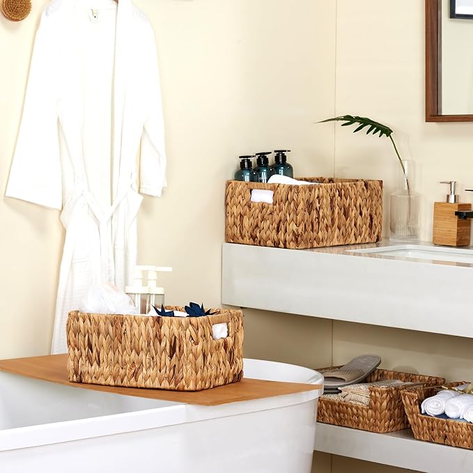 Wicker Baskets 2 Pack, Water Hyacinth Rectangular Storage Basket - Image 5