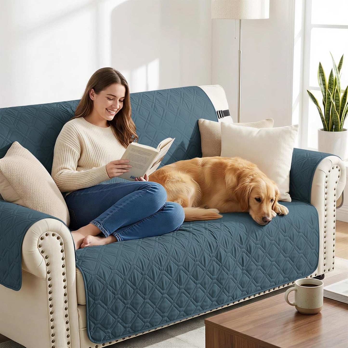 Waterproof Sofa Sofa Cover Couch Covers for 3 Cushion Couch, Washable Slipcover with Pockets & Non-Slip Elastic Straps, Furniture Protector for Pets Kids Dog(Dark Green,Sofa)