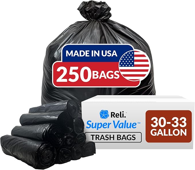 Reli. 30-33 Gallon Trash Bags Heavy Duty | 250 Count Bulk | Black Large Trash by Reli