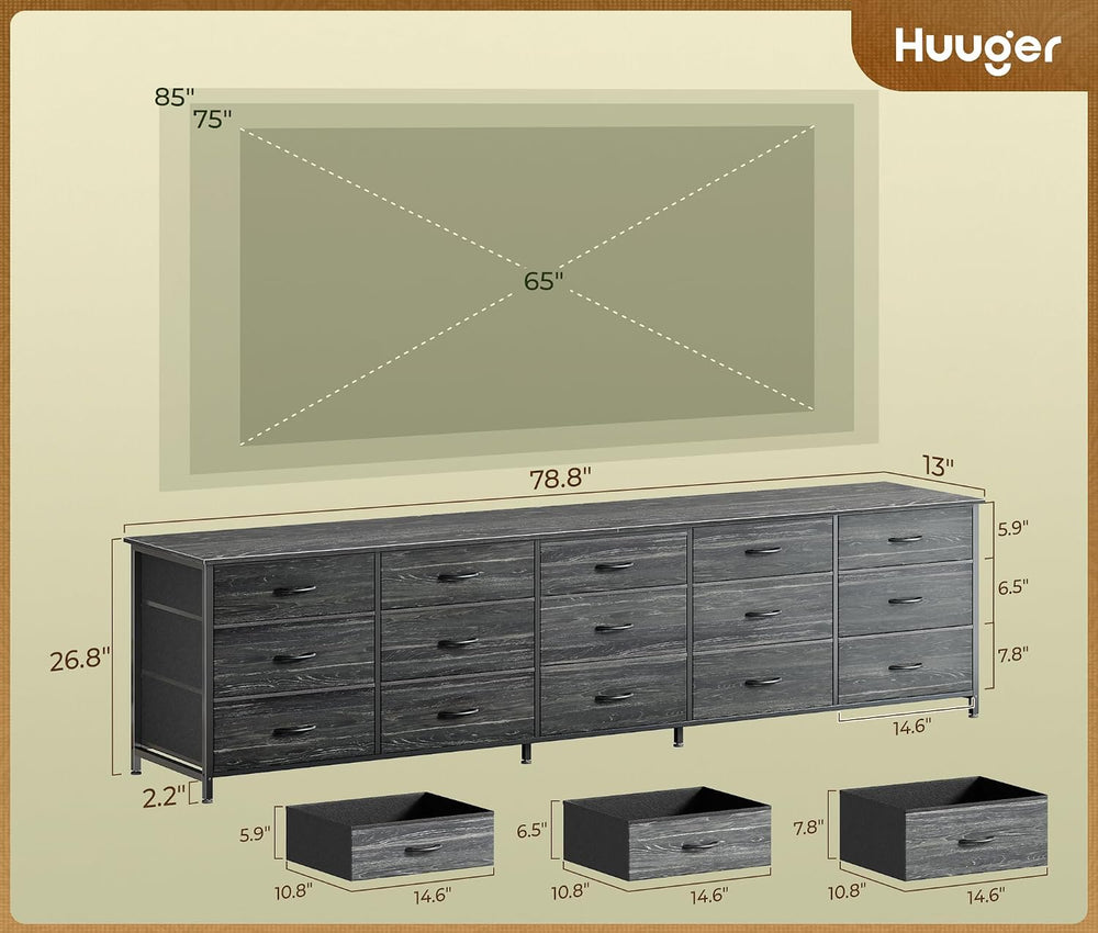 Huuger 78.7 inch Long Dresser for Bedroom, 15 Drawer Fabric Dresser for Close...