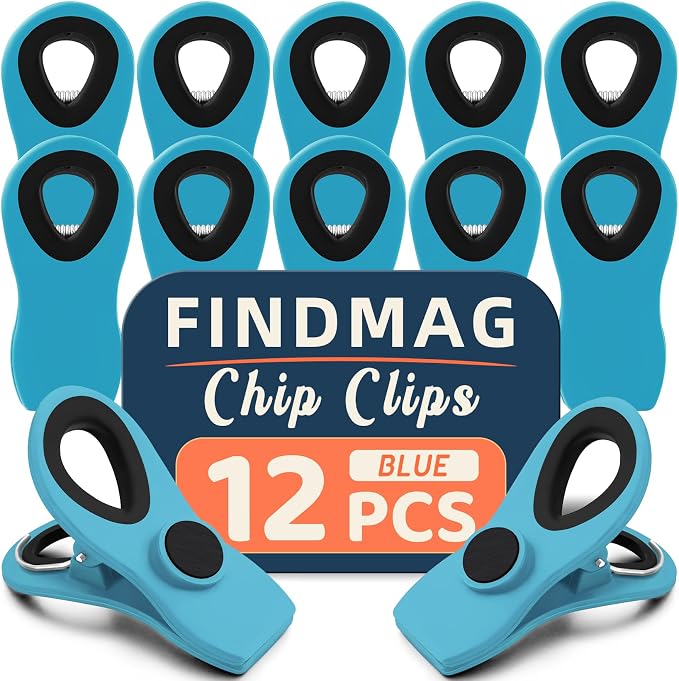 FINDMAG 12 Pack Chip Clips, Big Food Clips Blue Magnetic Clip, Magnetic Bag by FINDMAG