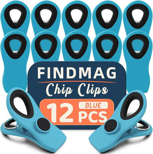 FINDMAG 12 Pack Chip Clips, Big Food Clips Blue Magnetic Clip, Magnetic Bag by FINDMAG