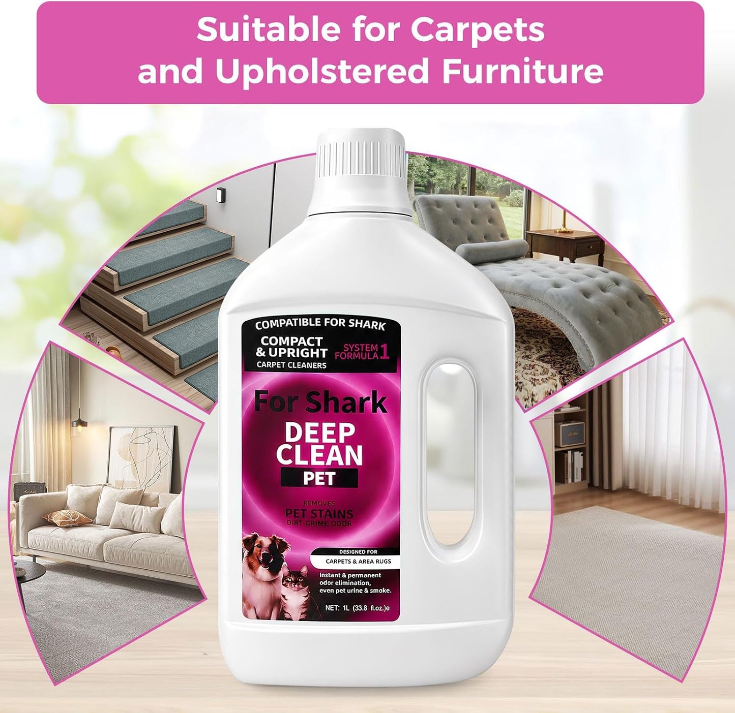 Carpet Cleaner Solution for Shark CarpetXpert, StainStriker Carpet Cleaner | for Shark EX151/EX201/EX304 and PX201/PX251/PX202BRN/PX221BRN Carpet Cleaner, Deep Clean Carpets, 1L, 33.81 Fl Oz, Rose Scent