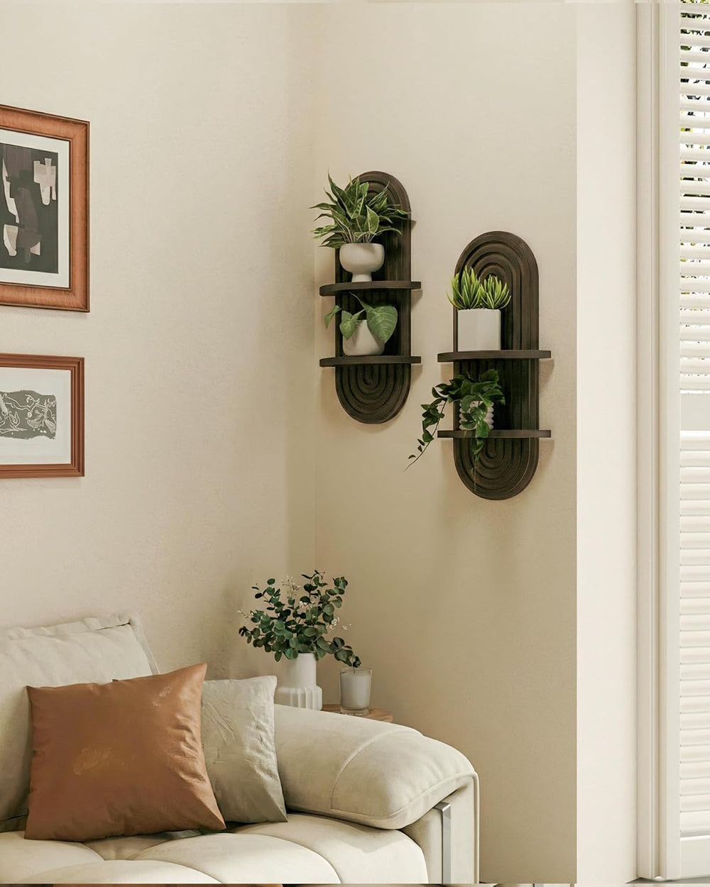 Bamworld Boho Wall Decor Plant Wall Shelf Wood Plant Holder Walnut 2PCS