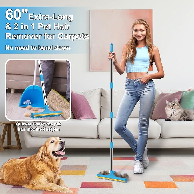 3 in 1 Carpet Rake for Pet Hair Removal, Reusable Pet Hair Remover Broom - Image 2