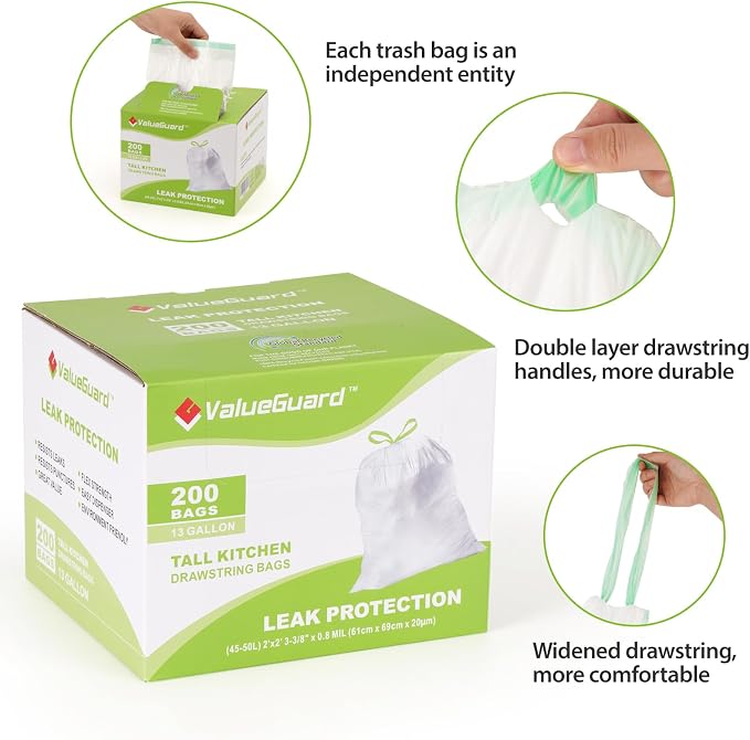 Large Trash Bag 13 Gallon Tall Drawstring 100% Post-Consumer Recycled Garbage - Image 2