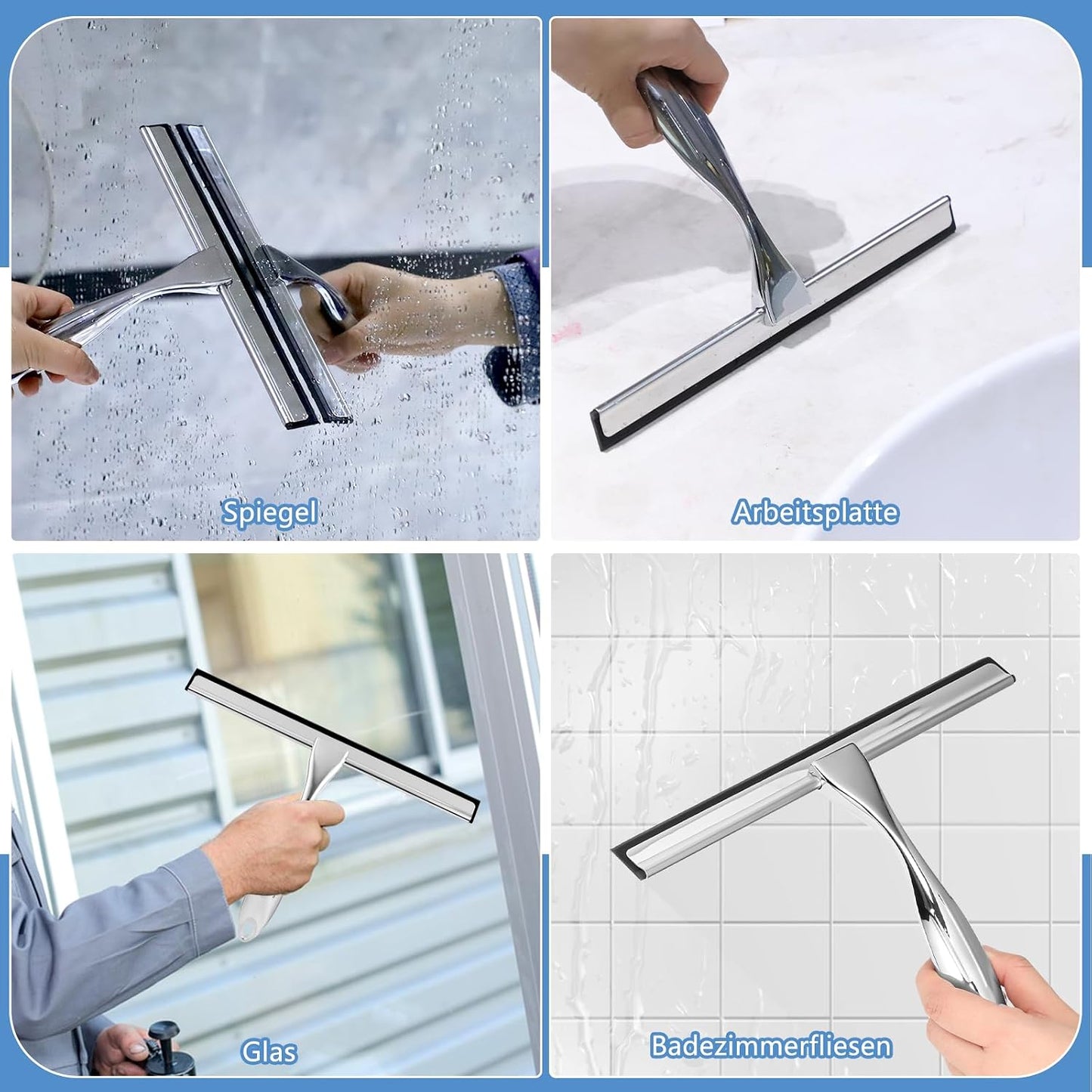 Wlich Silver Shower Squeegee, 10" Blade, 7.2" Handle, Stainless Steel, Easy to Use, Streak-Free Clean, 19201454011