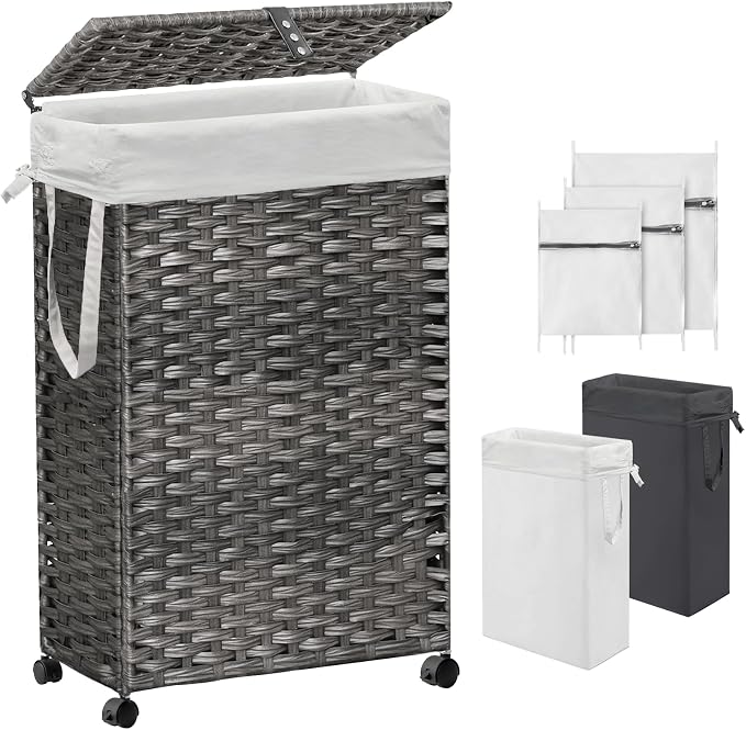 70L Slim Laundry Hamper with Lid & Wheels, Rolling Laundry Basket with 2 by Hiagnete