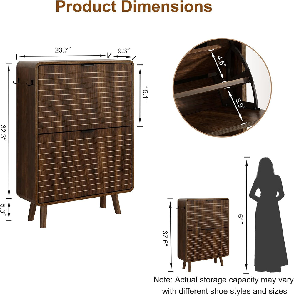 3imothrix Fluted Shoe Cabinet for Entryway with 2 Flip Drawers, Walnut
