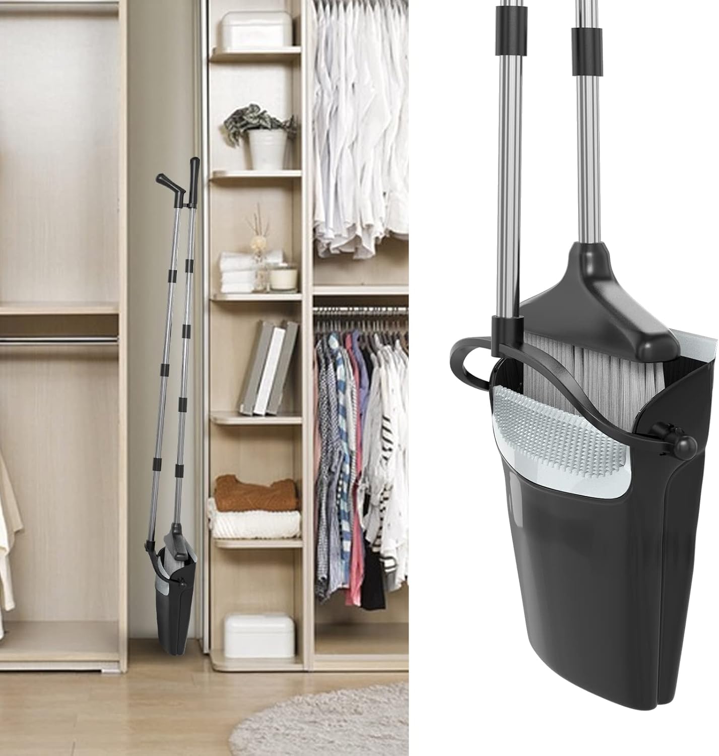 Broom with Dustpan Combo Set 54” Long Handle Household Dust Pan for Home Office Kitchen Cleaning （Black & Grey）