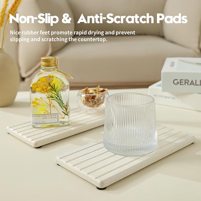 2 Pack Greige Bathroom Sink Vanity Trays, Diatomite Stone Kitchen Counter Caddy - Image 4
